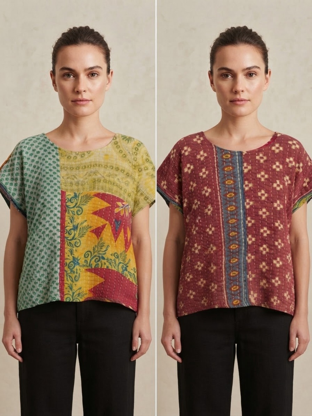 Kantha Reversible Quilt Patchwork Short-Sleeve Top Free Size One Size